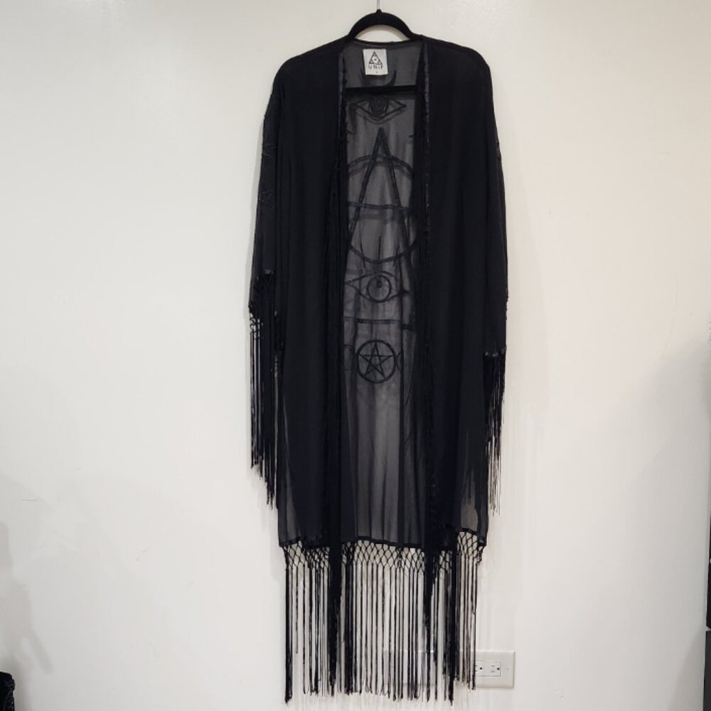 "🦋💋HOT ITEM! 💋🦋VTG 2013 UNIF Black "Wiccan" Embroidered Fringed Maxi Kimono - Picture 14 of 16